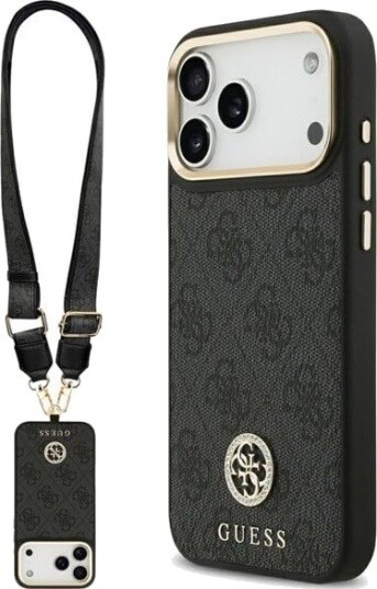 GUESS 4G Srtass Logo & Big Strap Metal Buttons MagSafe Case for iPhone 17 Pro Max - Black