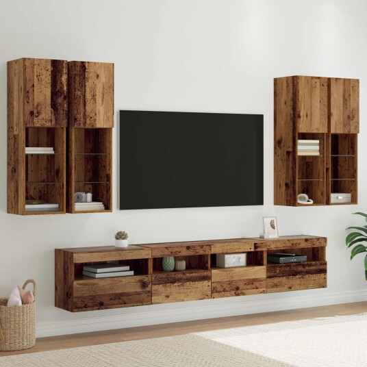 TV veggskapsett med LED lamper Veggmontert 7 pcs Gammelt tre