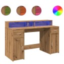  Skrivebord med LED-lys artisan eik 140x55x91 cm konstruert tre