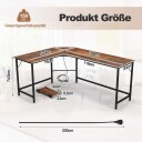 L formet datamaskinbord med strømuttak & CPU stativ & Robust metallramme hjørne skrivebord brun