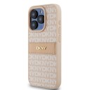 DKNY lærveske med ensfarget stripe og metalllogo til iPhone 15 Pro - rosa