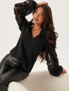 Bubbleroom 3D Floral Sleeve V Neck Top   Black   44 46