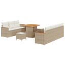  10-delt hagesofa sett med puter i beige polyrotan og akacia