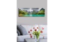 Lerretsbilde med LED belysning 30x90 cm Storslått fjellandskap med en glitrende innsjø Turkis / Grønn / Grå