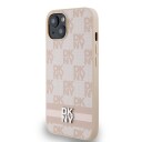 DKNY skinnveske med rutete og striper i skinn til iPhone 15 Plus / 14 Plus - Rosa