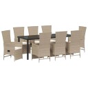 9 Delers Hage Spisebordsett med Puter Beige Poly Rattan