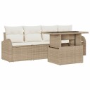  5-dels hagesofaset med puter i beige poly rattan
