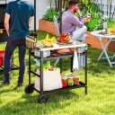 Grillvogn 3-lags serveringsvogn med arbeidsflatehåndtak dekkhjul, høydejusterbart BBQ grillbord rustfritt stål, grillsidebord, u