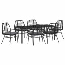 7 Delt Hage Spisebordsett med Puter Svart Poly Rattan