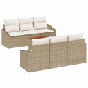  7-dels hagesofa-sett med puter i beige poly rattan og akasia