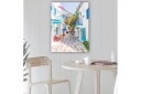 Lerretsbilde 70x100 cm Pittoresk bakgate med hvite hus og fargerike blomster i middelhavsmiljø Blå / Rosa / Hvit