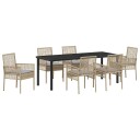  7-delt Hage Spisebord med Puter Beige Poly Rattan
