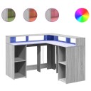  Skrivebord med LED-lys grå sonoma 130x130x91 cm konstruert tre