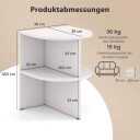 Hvitt halvmåneformet sidebord med åpne hyller – kompakt design