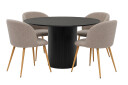 Bark Kopparbo Rundt Spisebord 130 cm med 4 Greya Spisestoler med armlener   Svart tre / Greige Bouclé / Metallben Eik