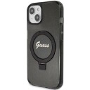 Originalt Frontpaneldeksel Guess Guhmp15mhrsgsk For Iphone 15 Plus (Magsafe / Glitter Script-Logo / Ringstativ / Svart)