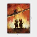 Lerretsbilde 70x100 cm To figurer som sitter på en huske under en varm fargerik himmel Rød / Oransje / Gul