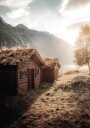 Rustic Houses at Sunset by Lovatnet Lake Plakat Plakat / 21x30cm