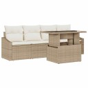  5-delt hagesofaset med puter i beige poly rattan