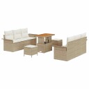  9-delt hagesofaset med puter i beige poly rattan og akasie.