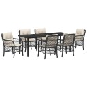 7-dels hage spisegruppe med puter svart poly rattan