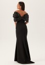 Goddiva Bardot Satin Bow Back Maxi Dress