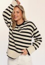 Pieces Pcava Ls O-neck Slit Knit  Birch Stripes:Black XS