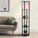 Sort gulvlampe med hylle til stue