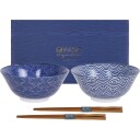 Nippon Blue skålsett + spisepinner prikker/bølger