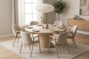 Spisegruppe Bark Kopparbo rundt spisebord 180 cm hvitlasert med 6 Reciclar spisestoler Lys eik\|Beige -