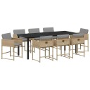 9 Delers Hage Spisebordsett med Puter Beige Poly Rattan