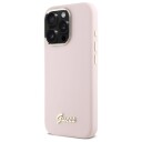 Guess iPhone 16 Pro Mobildeksel med Silikonskrift og Metallogo - Rosa