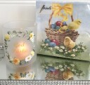 Telysglass frostet med God Påske og blomsterkrans