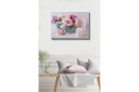 Lerretsbilde Fargerik blomsterbukett i forskjellige vaser Rosa / Lilla / Hvit