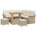  8-delt hagesofa-sett med puter i beige poly rattan.