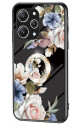 INCOVER Xiaomi Redmi 12 Plast Deksel m. Glass Baksida & Fingerring - Blomstertrykk - Svart