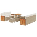  10-delt hagesofa sett med puter beige poly rattan og akacia.