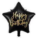 Happy Birthday! Stjerneformet Svart Folieballong med Metallisk Gullskrift 40 cm