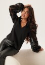 Bubbleroom 3D Floral Sleeve V-Neck Top Black 32-34