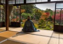Monk Meditates Autumn Garden Plakat / 100x150