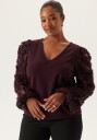 Bubbleroom 3D Floral Sleeve V-Neck Top Burgundy 44-46