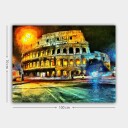 Lerretsbilde 70x100 cm Fargerik og impresjonistisk skildring av Colosseum i Roma opplyst av gult og oransje lys Gul / Blå / Oransje