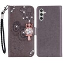 Samsung Galaxy A55 Ugle Rhinestone Lommebok-deksel grå