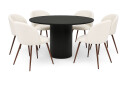 Bark Kopparbo Rundt Spisebord 130 cm med 6 Greya Spisestoler med armlener   Svart tre / Hvit Bouclé / Metallben Valnøtt