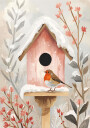 Vogelhaus mit Rotkehlchen und Pflanzen Plakat Plakat / 30x40cm