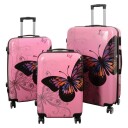 Borg Living Koffertsett - 3 stk. - Koffert med motiv - Rosa sommerfugl - Hardcase lettvektskoffert med 4 hjul