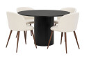 Bark Kopparbo Rundt Spisebord 130 cm med 4 Greya Spisestoler med armlener   Svart tre / Hvit Bouclé / Metallben Valnøtt