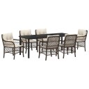 7 Delt Hage Spisestue Sett med Puter Brun Poly Rattan