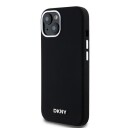 DKNY MagSafe-etui i flytende silikon med liten metalllogo for iPhone 15 Plus / 14 Plus - Svart