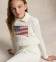 Ralph Lauren Kids Cropped Cable Knit Flag Cotton Sweater White 132 140